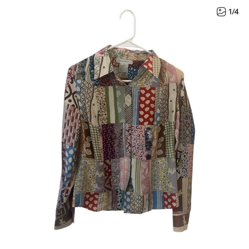 Vintage Nine West Silk Patchwork Button Down Blou… - image 1